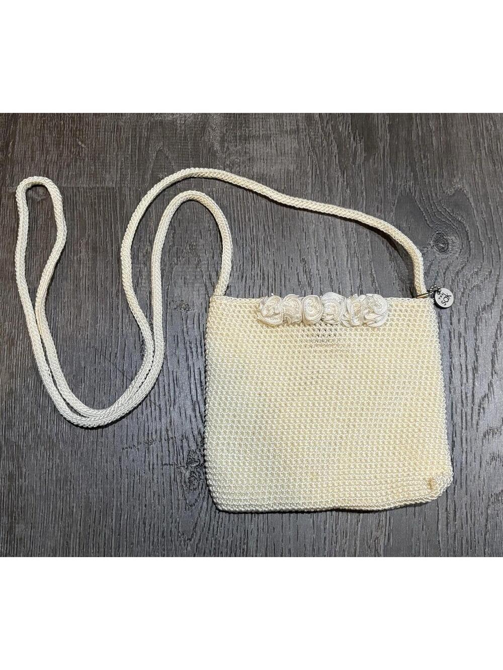 The Sak Woven Crossbody Bag Small with Long Strap Off White With Flower Detail
